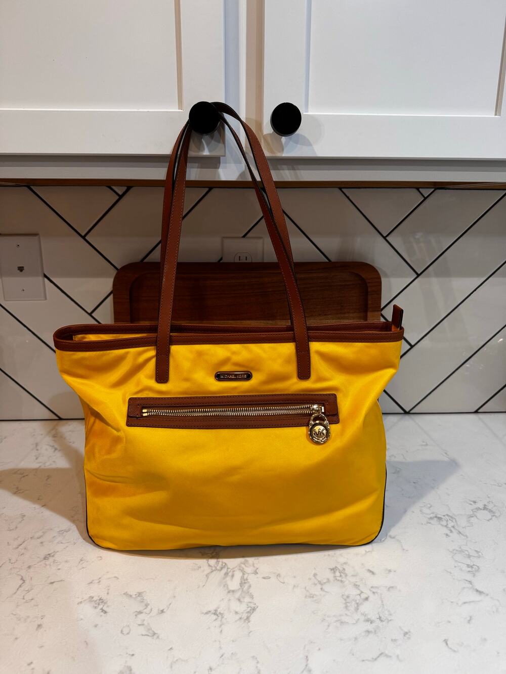 Michael Kors bright yellow Kempton nylon tote brown leather trim shoulder straps
